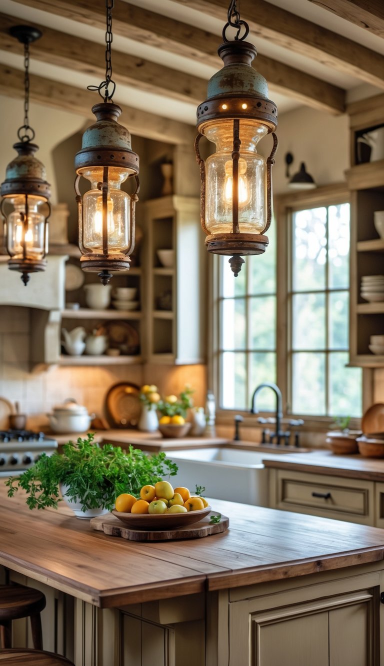 A cozy kitchen with pendant lights hanging above a wooden island, featuring cabinets, shelves, and natural light coming through windows.