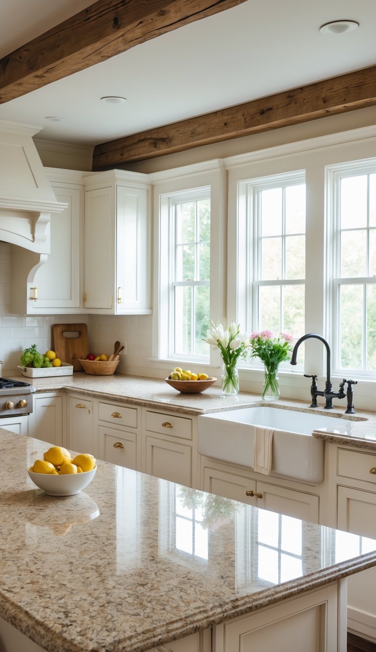 A bright kitchen with granite countertops, white cabinets, wooden ceiling beams, and natural light coming through large windows.
