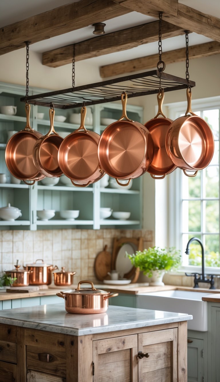 A bright kitchen with polished copper pots hanging above a wooden island surrounded by rustic cabinets and natural light.
