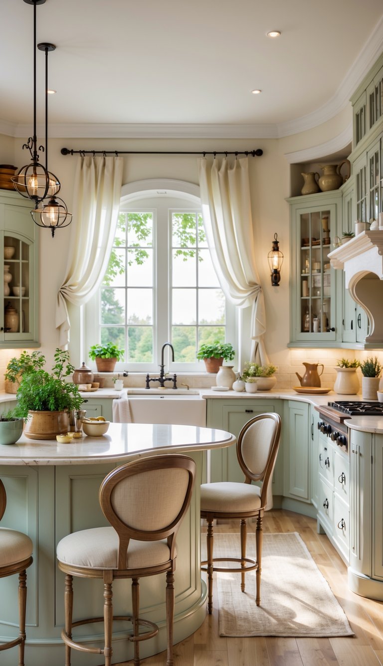 A bright kitchen with curved furniture pieces including a curved island and chairs, natural light, wooden floors, and decorative kitchen items.