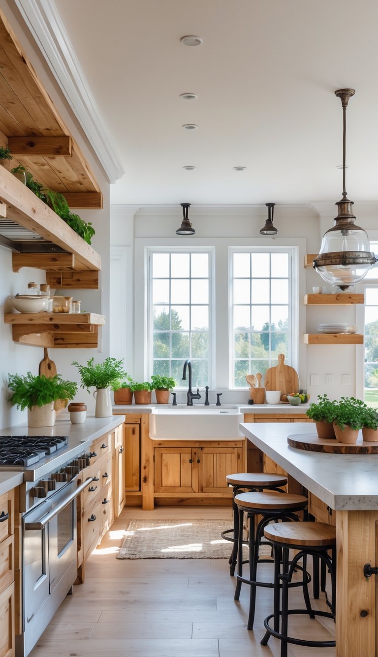 A bright kitchen with wooden cabinets, metal fixtures, a central island, and natural light coming through large windows.