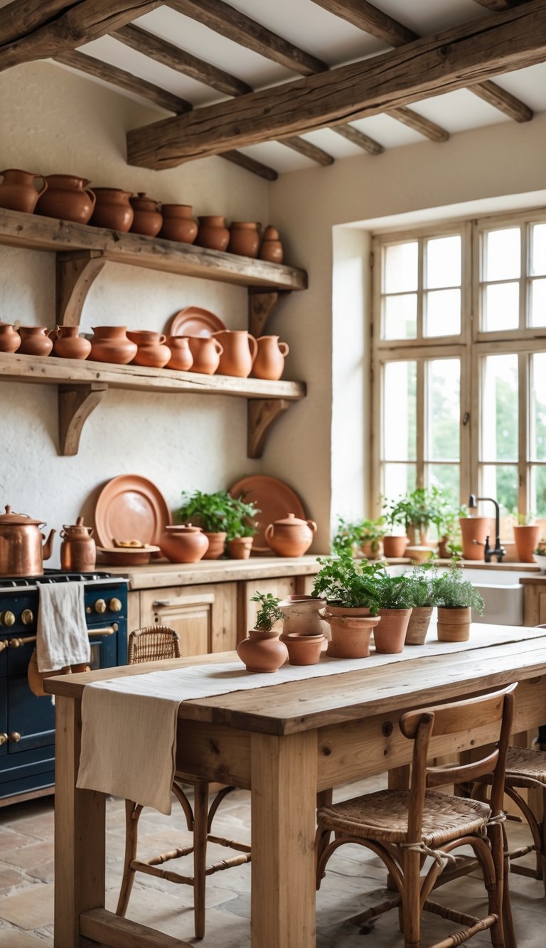 A bright kitchen with wooden shelves holding ceramic and terracotta dishes, a wooden table with fresh herbs, and natural light coming through large windows.