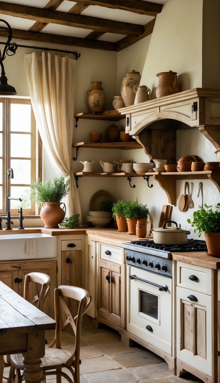 A cozy kitchen with wooden cabinets, iron handles, a farmhouse sink, open shelves with ceramics, and a wooden dining table with fresh herbs on the countertop.