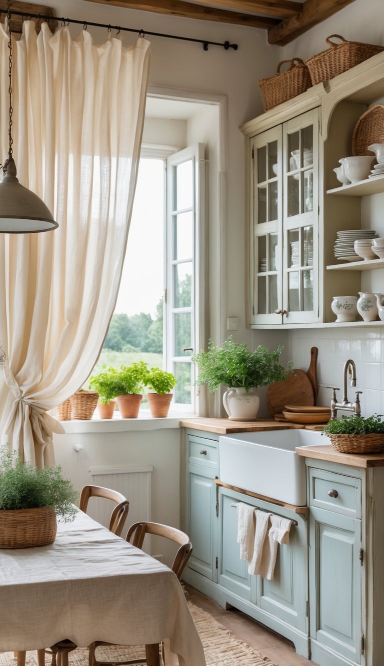 A bright kitchen with linen curtains by a window, wooden cabinets, a farmhouse sink, and a wooden dining table with a linen tablecloth.