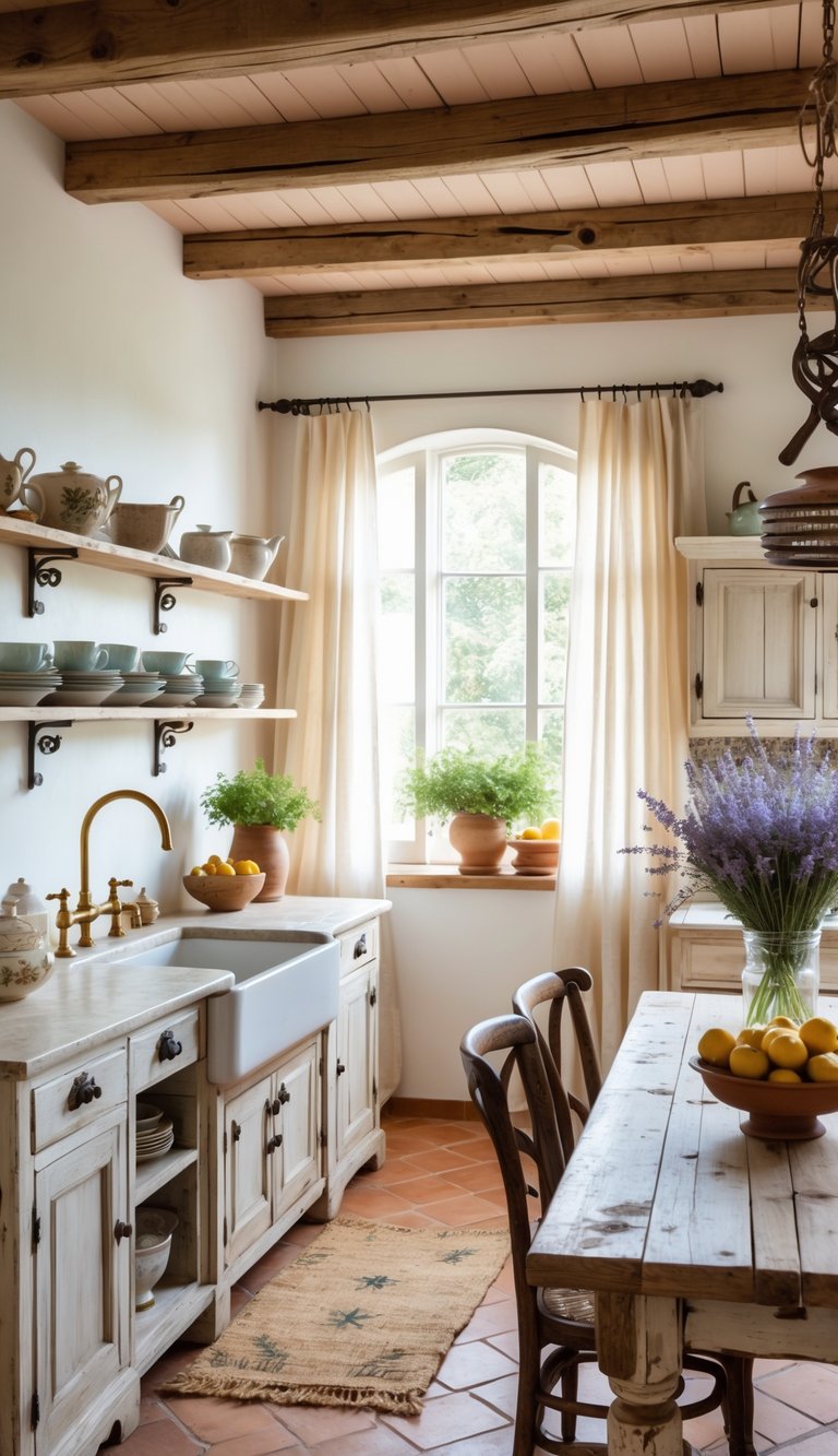 A bright kitchen with wooden beams, white cabinets, a farmhouse sink, a wooden island with flowers and fruit, and a rustic dining table with chairs.