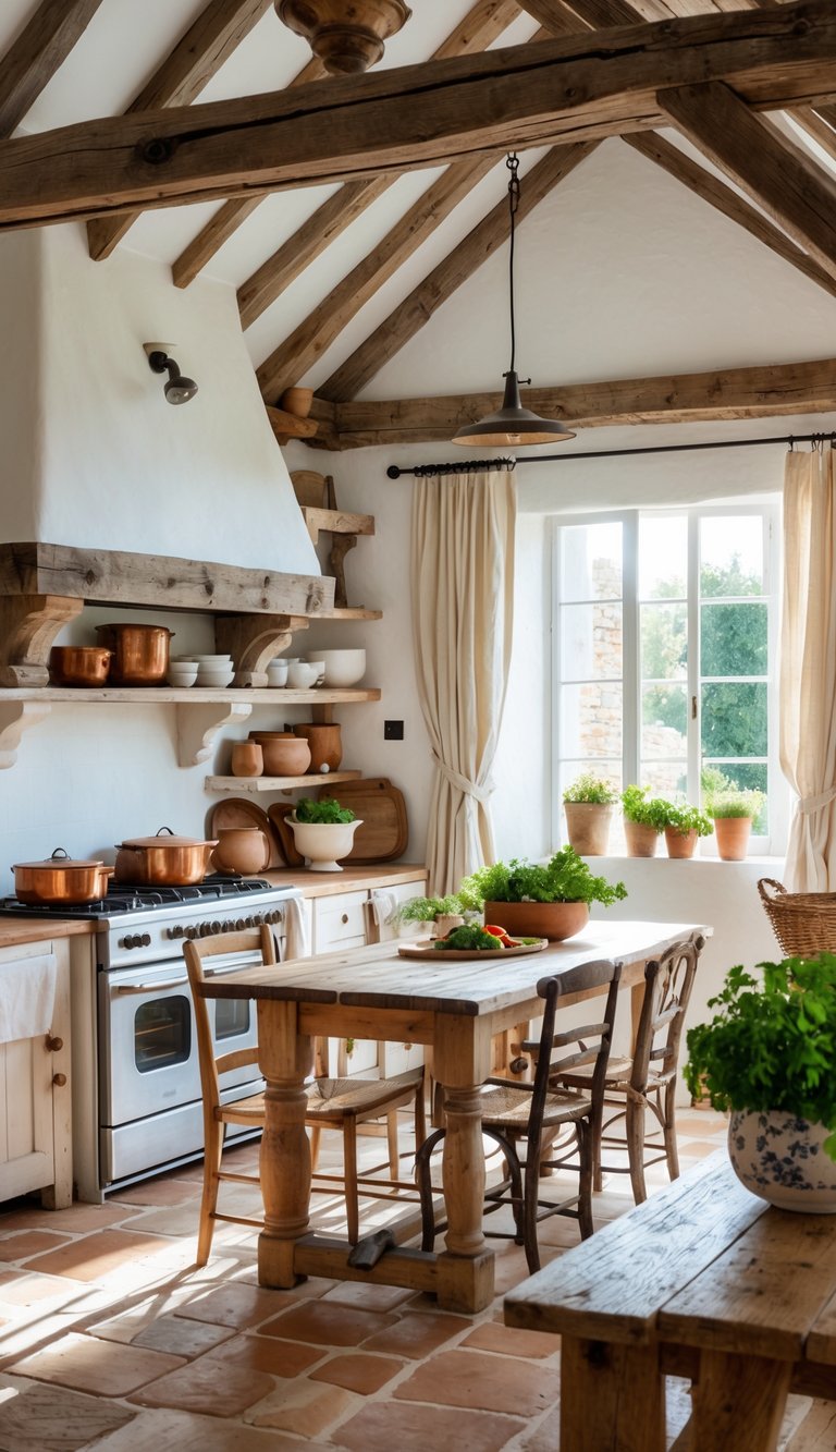 A bright kitchen with wooden beams, a farmhouse table, open shelves with dishes, a vintage stove, and fresh herbs on the counter.