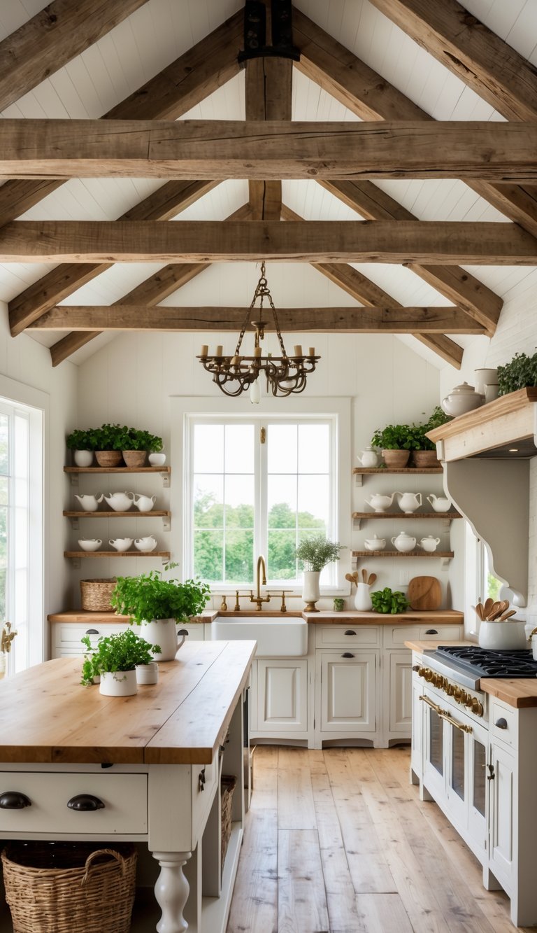A bright kitchen with exposed wooden ceiling beams, a central island, white cabinets, and rustic decor.