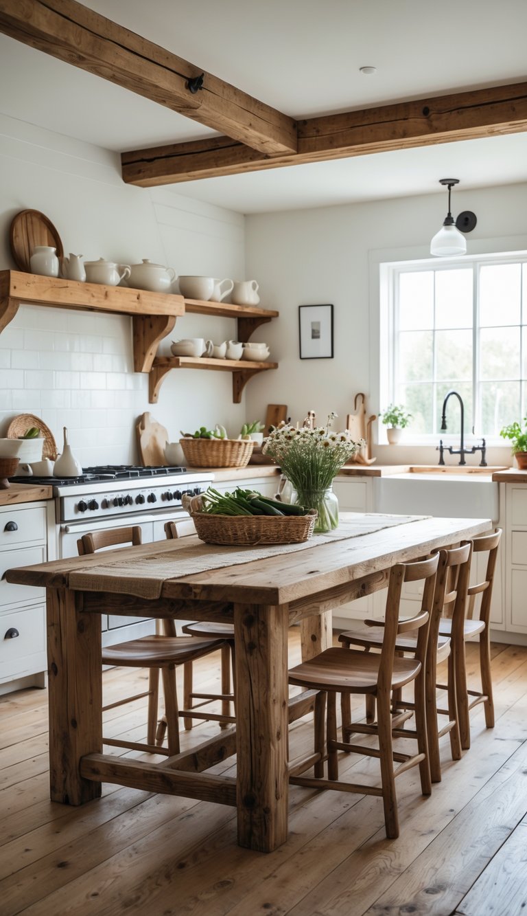 A large wooden dining table in a bright kitchen with chairs, shelves, and natural light coming through a window.
