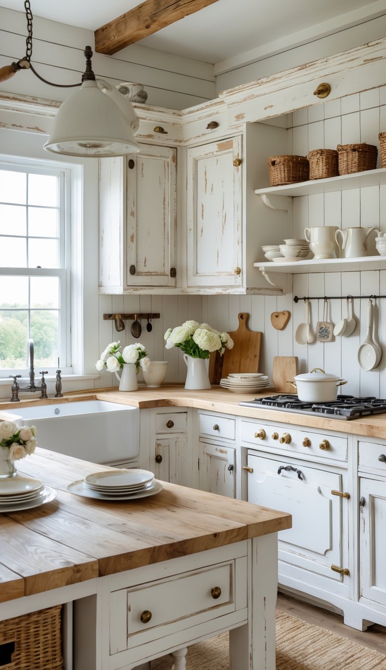A bright kitchen with white distressed cabinets, a farmhouse sink, wooden dining table, and natural light coming through large windows.