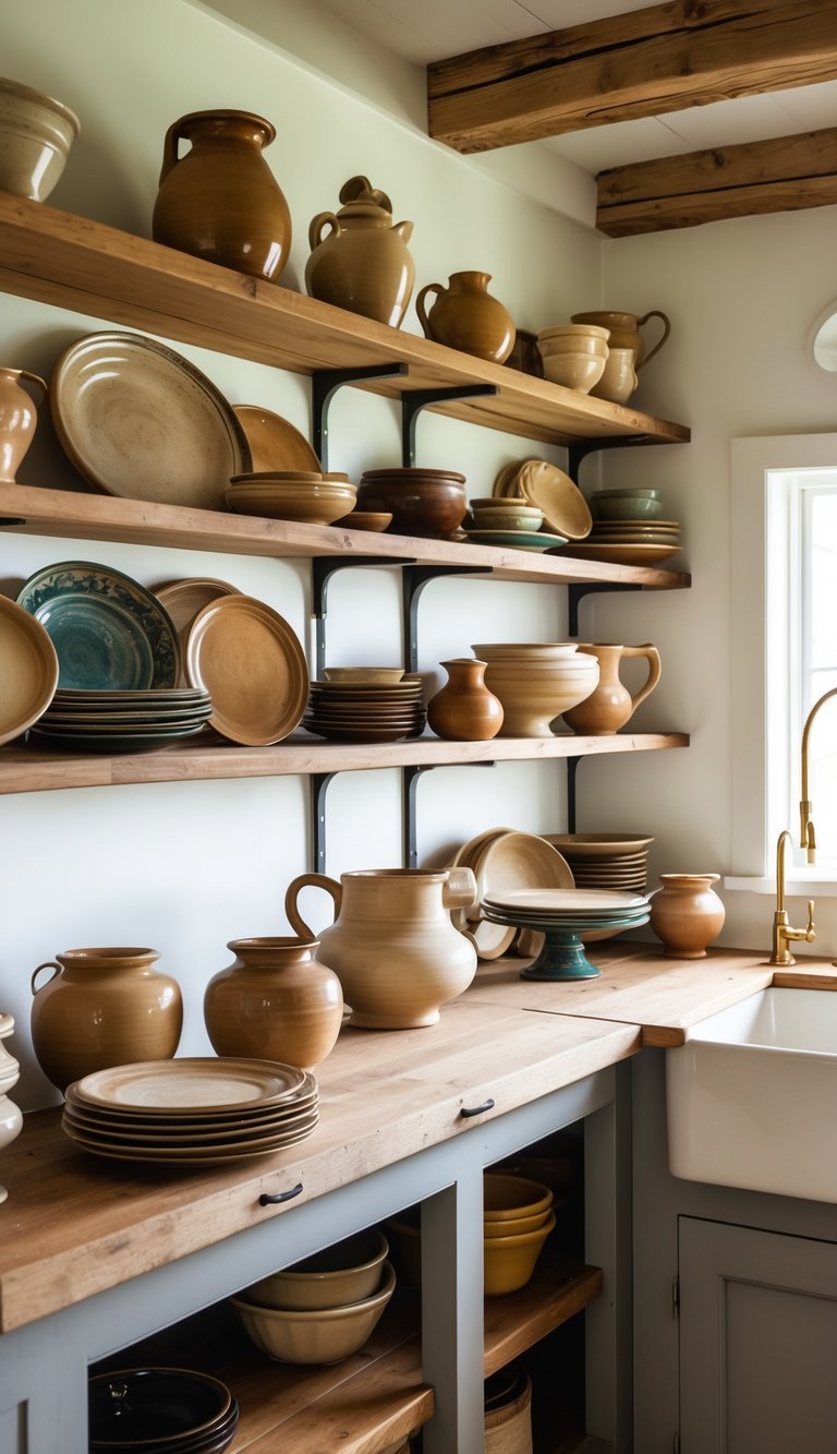 Open shelving in a kitchen displaying vintage stoneware pottery and kitchen items.
