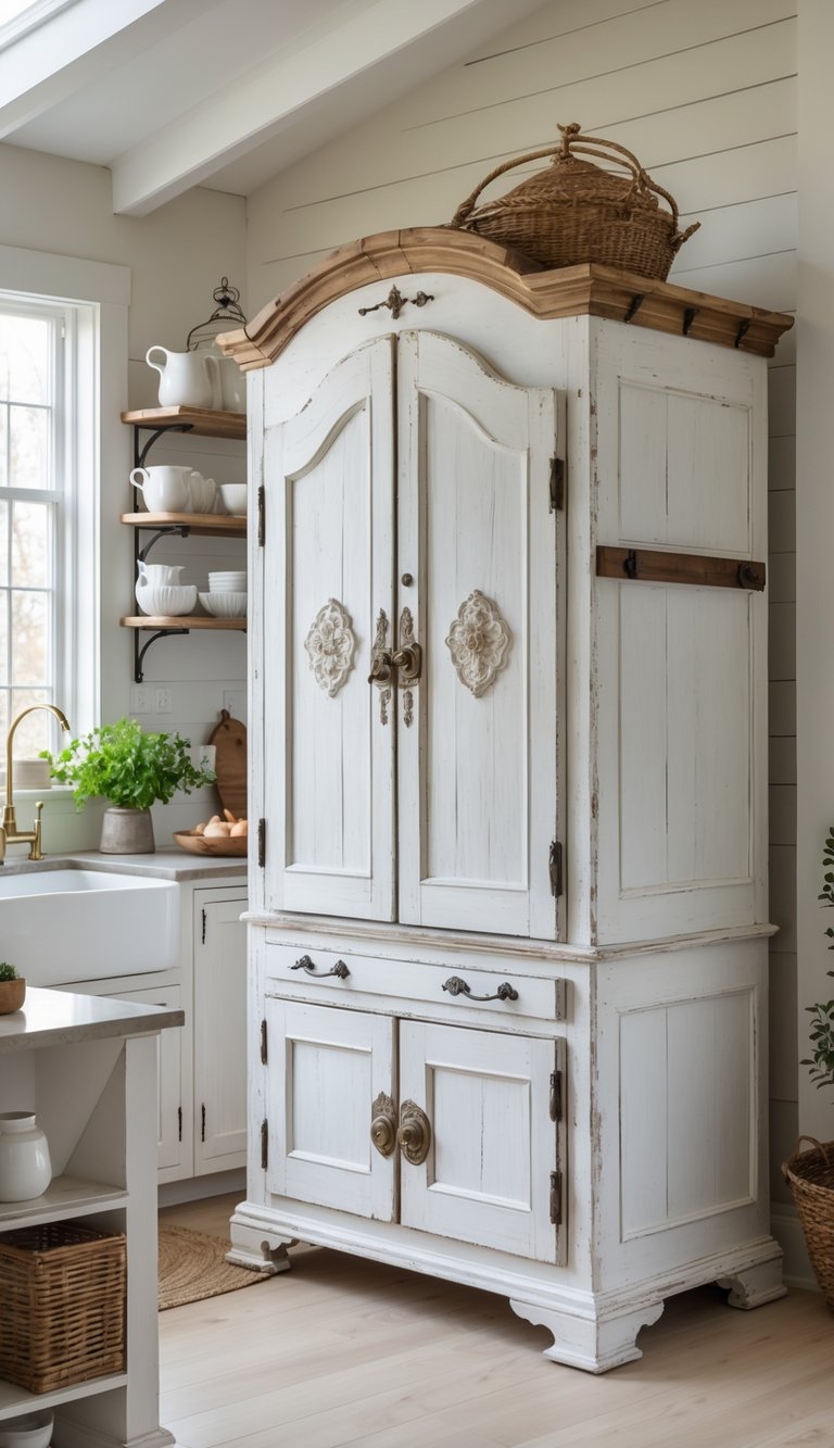 A bright kitchen with a large antique wooden armoire surrounded by shelves, dishes, and kitchen decor.