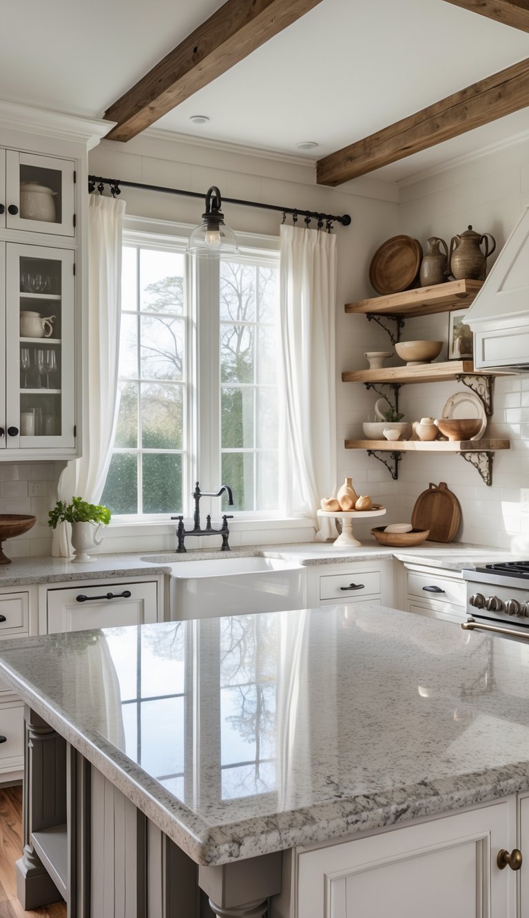 A bright kitchen with neutral granite countertops, white cabinets, wooden floors, and a large central island.