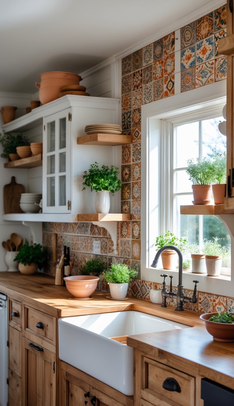 A kitchen with a colorful patterned tile backsplash, wooden cabinets, and natural light coming through windows.