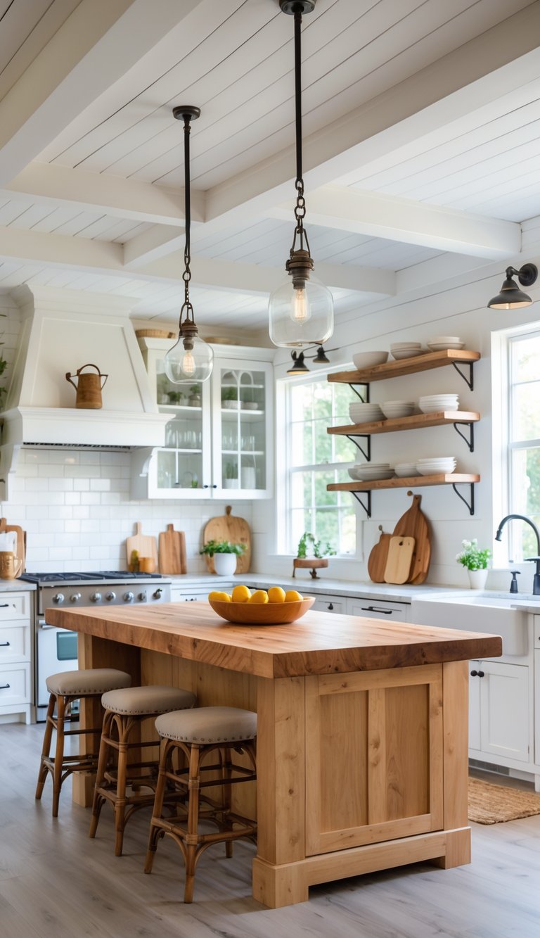 A kitchen with a large wooden butcher block island surrounded by stools, white cabinets, and natural light coming through windows.