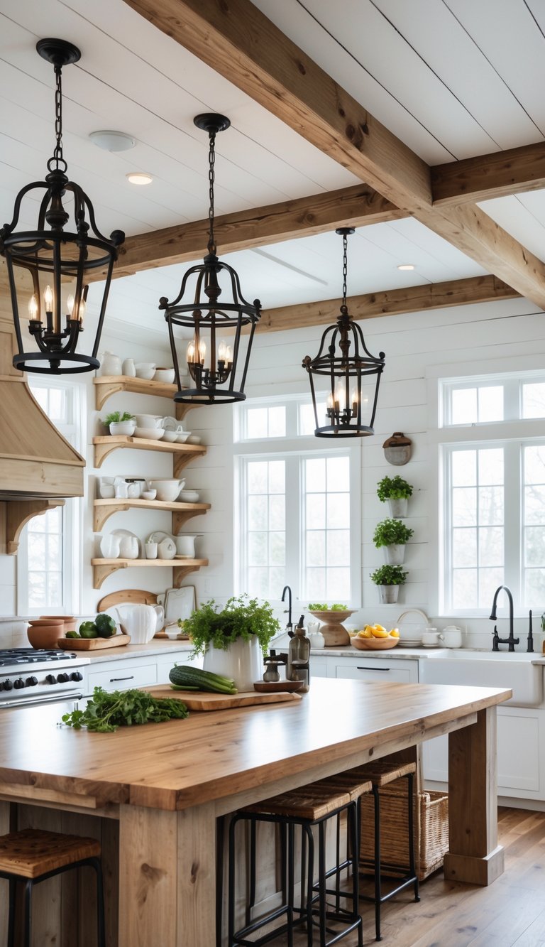 A bright kitchen with wrought iron pendant lights hanging over a wooden island countertop, surrounded by shelves and windows.