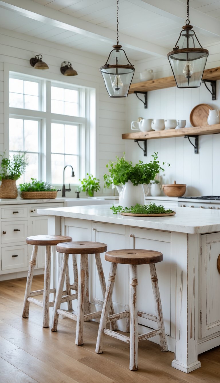 A bright kitchen with three wooden stools around a large island, featuring wooden floors, white cabinets, and natural light coming through windows.