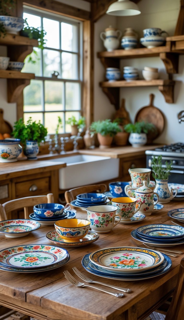 A kitchen table with hand-painted ceramic plates, bowls, and mugs arranged in a warm, cozy kitchen setting.