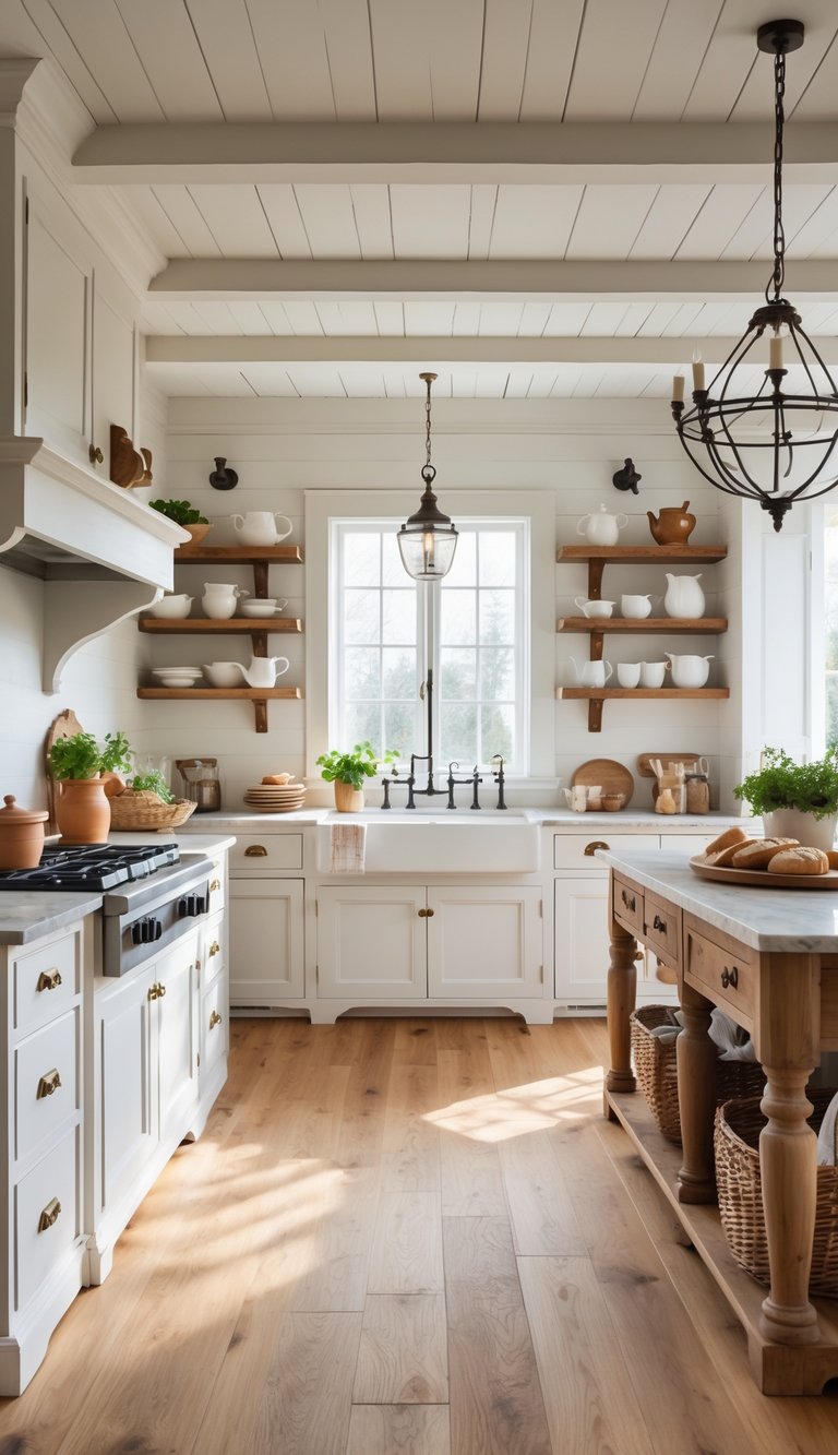 A bright kitchen with wooden flooring, white cabinets, a central island, and natural light coming through a window.