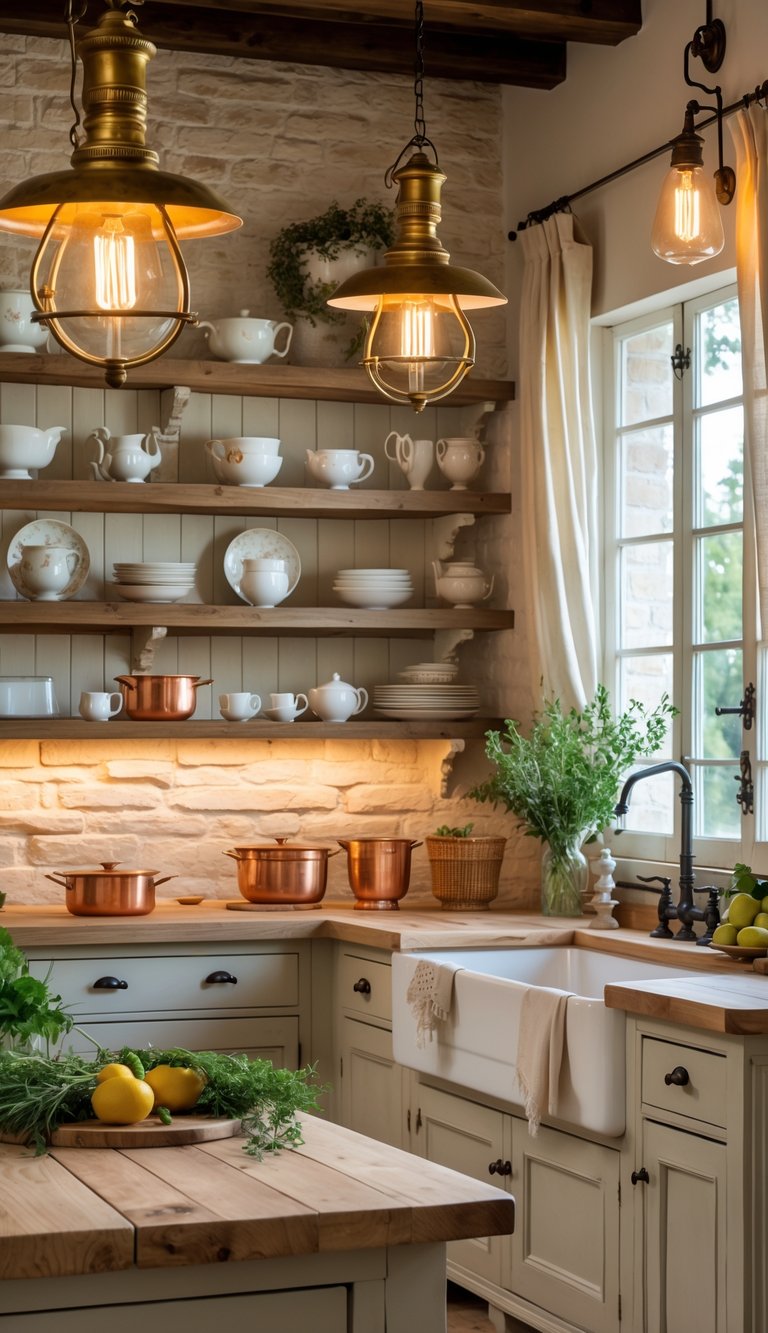 A bright kitchen with wooden cabinets, a farmhouse sink, vintage brass pendant lights, and rustic decor including copper pots and fresh herbs.