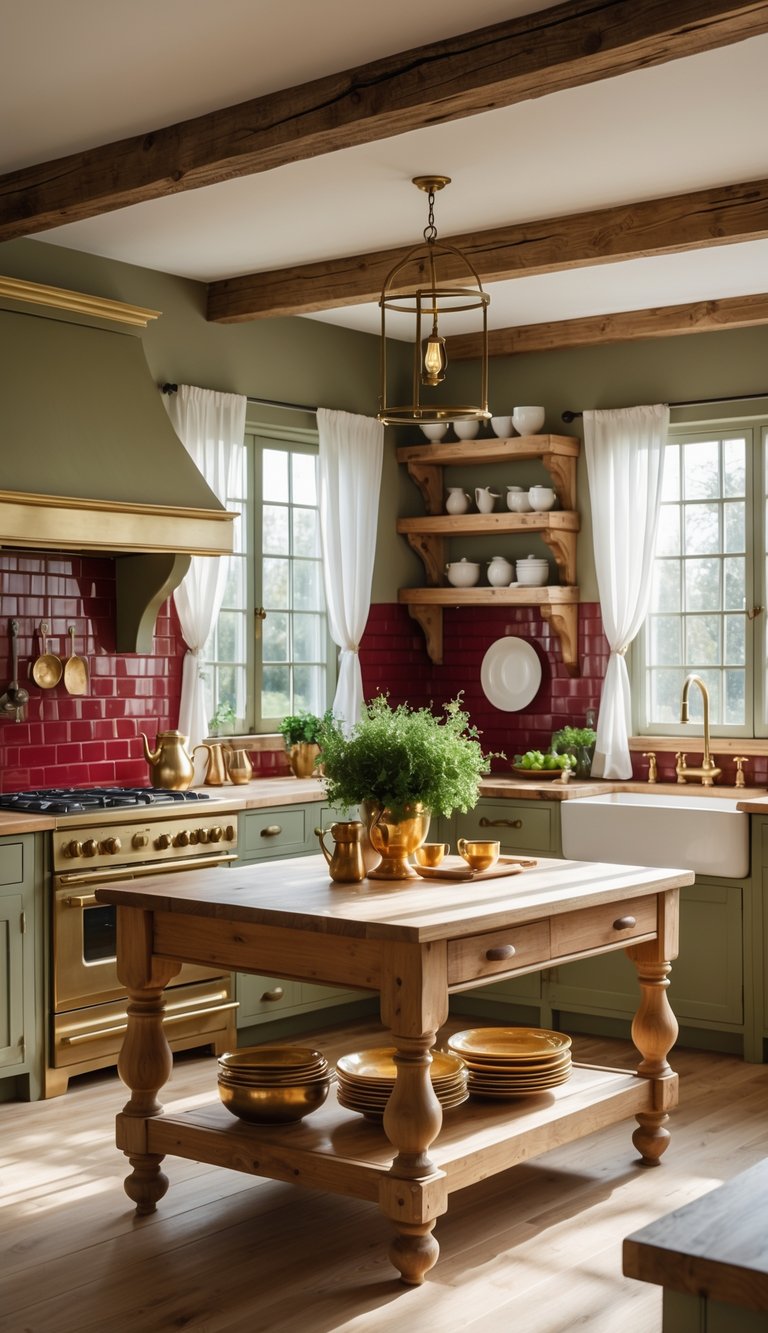 A spacious kitchen with wooden cabinets, a large wooden table, and windows letting in natural light, decorated with gold, deep red, and olive accents.