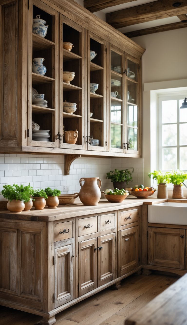 A kitchen with weathered wood open cabinets displaying dishes and cookware, a wooden countertop with fresh herbs and vegetables, and a farmhouse sink in the background.