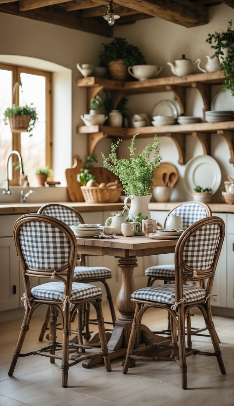A kitchen with wooden dining table and classic bistro chairs surrounded by shelves and kitchenware.