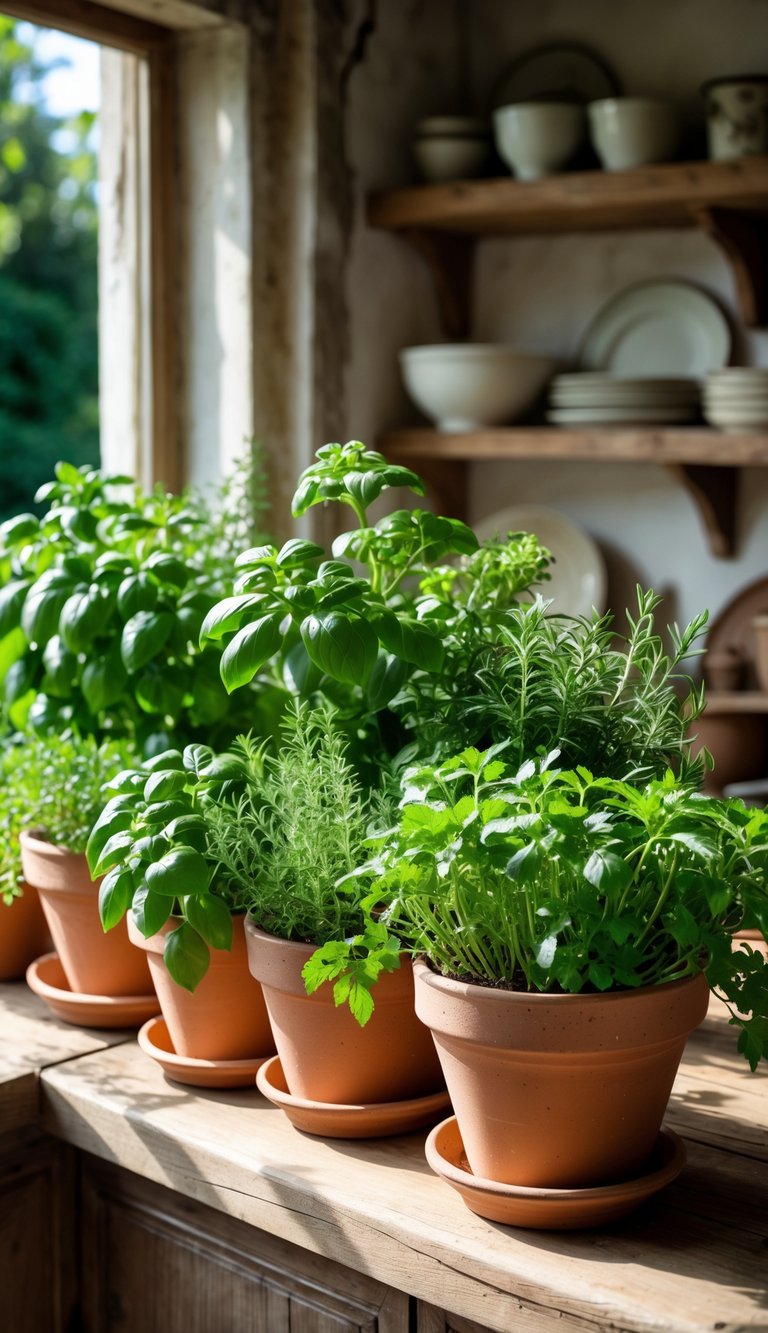 Fresh green herbs growing in terra cotta pots on a kitchen windowsill with wooden shelves and kitchen items in the background.