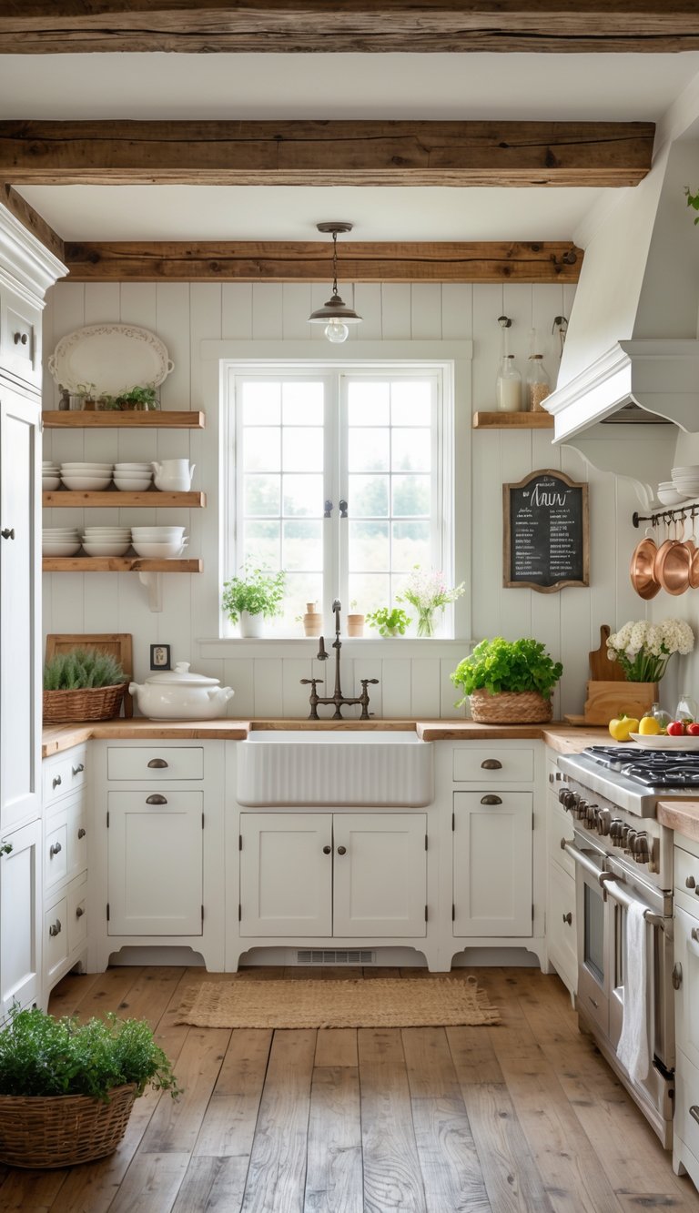 A bright kitchen with wooden beams, white cabinets, a farmhouse sink under a window, a wooden island with fresh herbs and vegetables, and rustic decor.