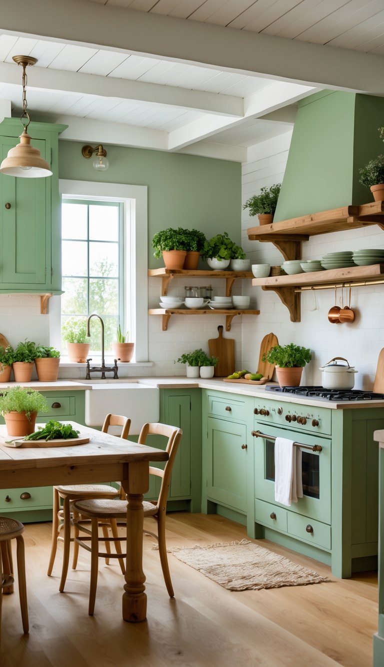 A bright farmhouse kitchen with green cabinets, wooden shelves, a farmhouse sink, and a wooden dining table with fresh herbs and vegetables.