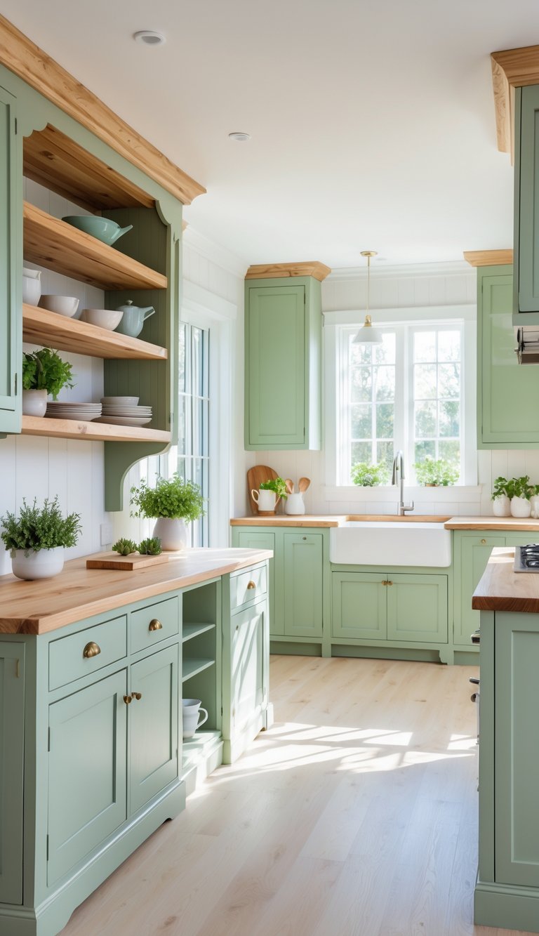 A bright kitchen with green cabinets and wooden accents, featuring a central island and natural light from large windows.