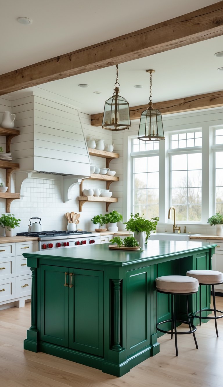 A kitchen with a deep green island in the center, surrounded by white walls, wooden shelves, and natural light from large windows.