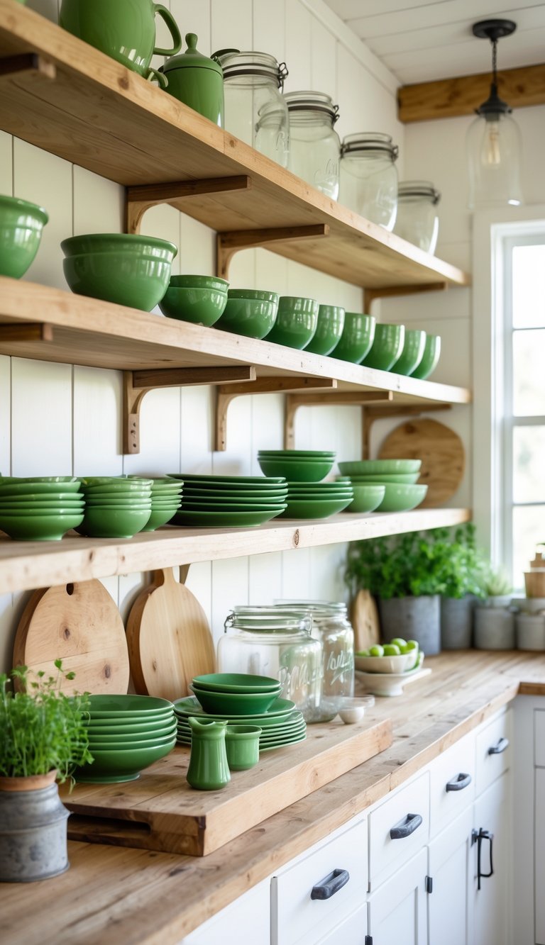 Open wooden shelves in a kitchen displaying green vintage dishes and kitchen decor.