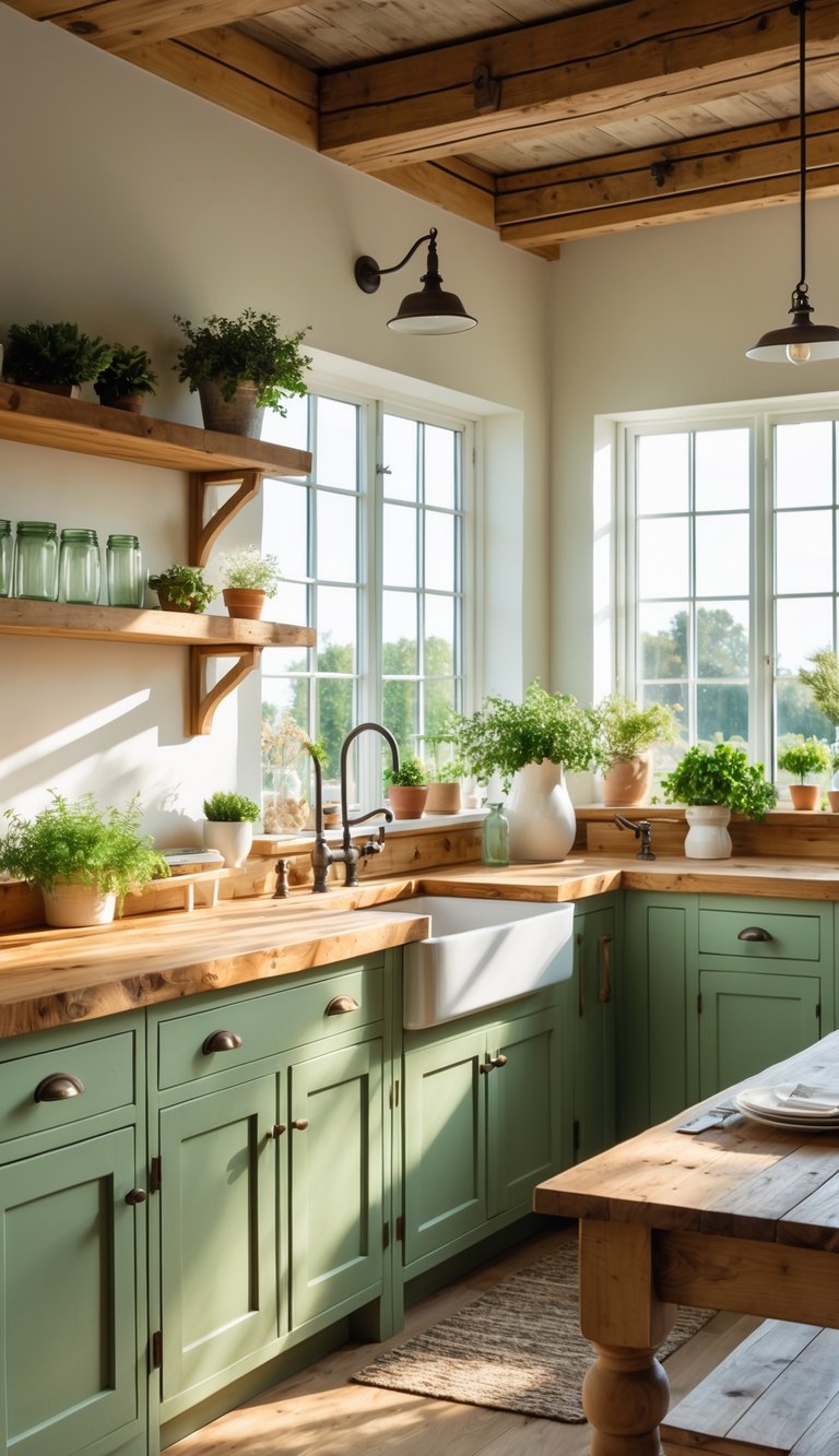 A bright farmhouse kitchen with green cabinets and reclaimed wood countertops, featuring a farmhouse sink, potted herbs, and a wooden dining table.
