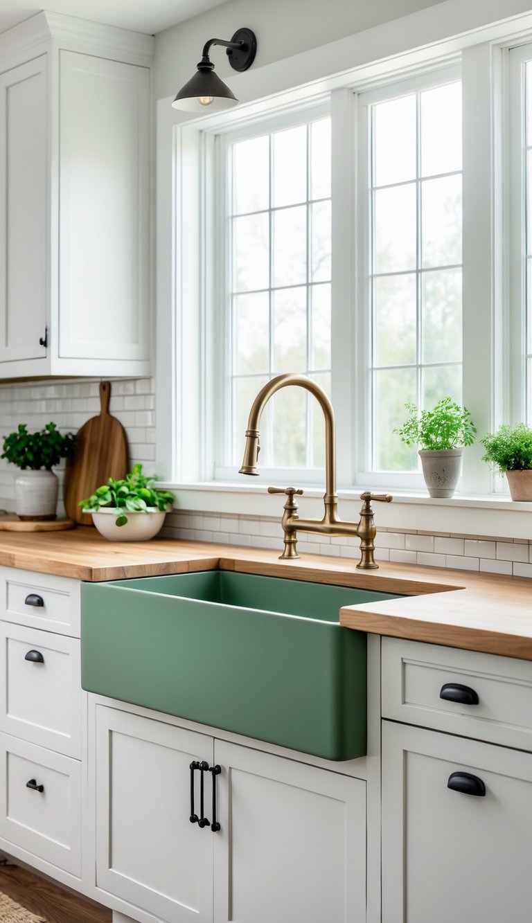 A kitchen with a green apron-front farmhouse sink under a window, surrounded by white cabinets and wooden countertops.