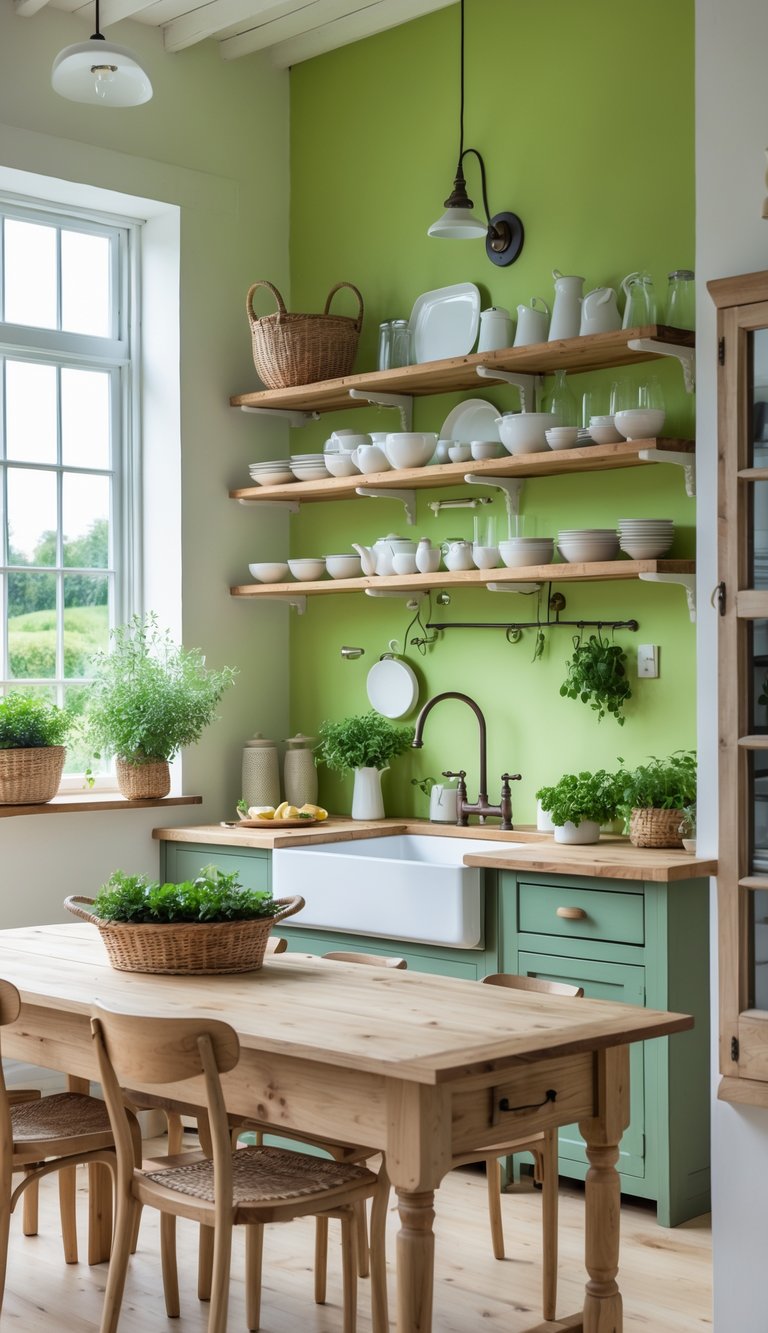 A bright farmhouse kitchen with a chartreuse accent wall, wooden shelves, a farmhouse sink, and a large dining table filled with natural light.