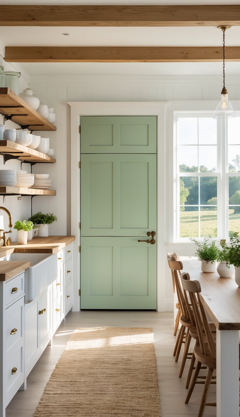 A bright kitchen with pistachio green pantry doors, wooden countertops, open shelves with dishes and plants, and natural light coming through large windows.