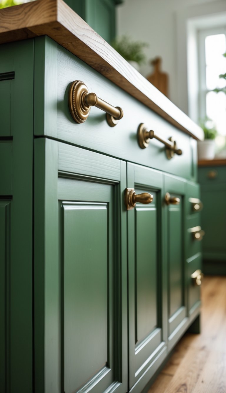 Close-up of antique brass handles on green kitchen cabinets in a bright farmhouse kitchen.