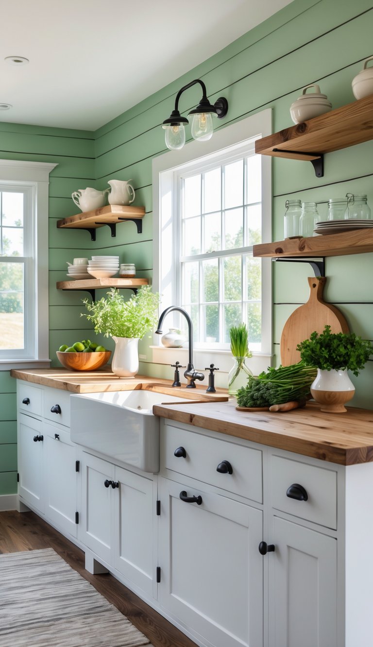 A bright kitchen with soft green shiplap walls, white cabinets, wooden shelves, and natural light coming through a window.