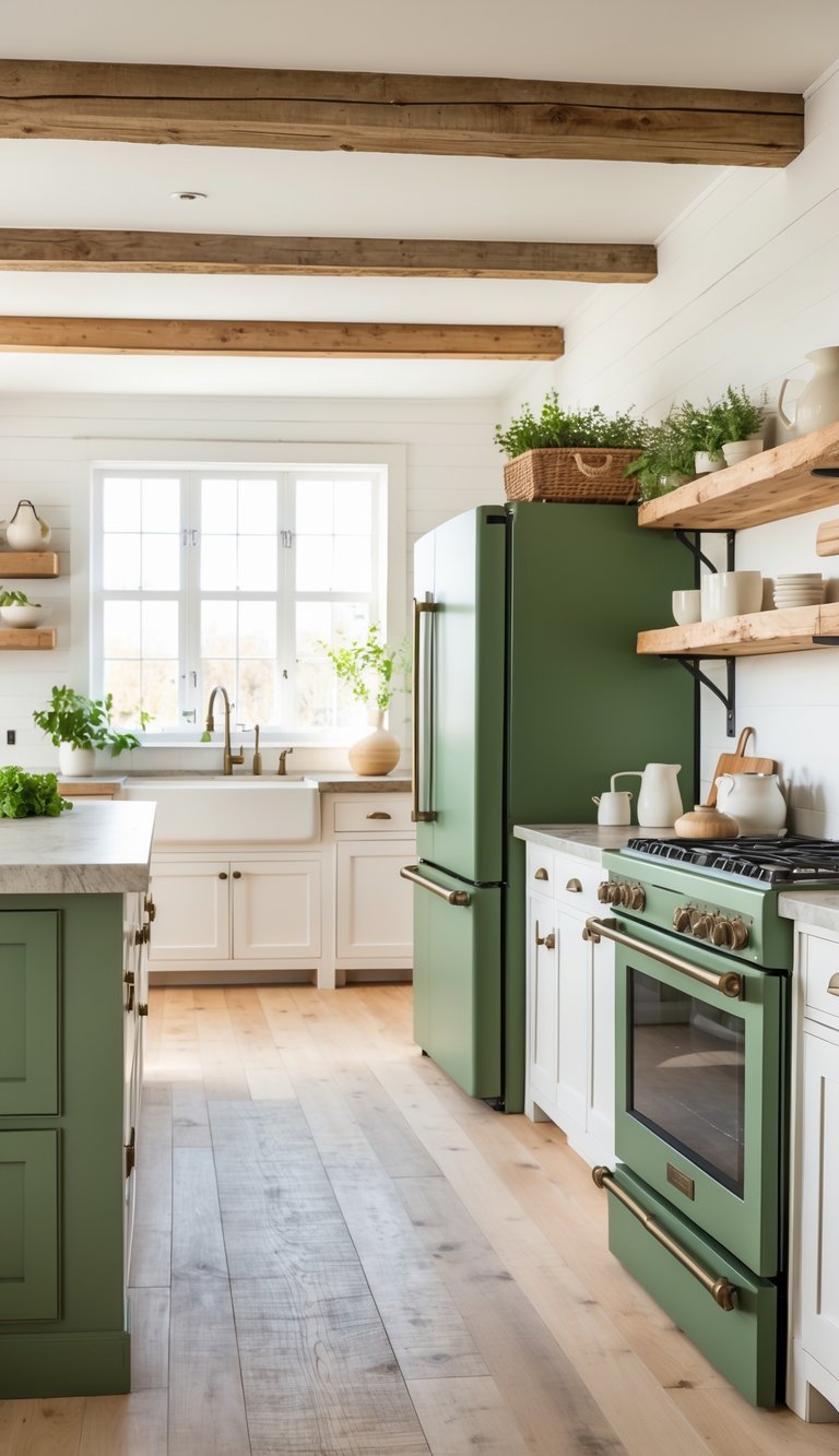 A farmhouse kitchen with matte green appliances, white cabinets, wooden shelves, and natural light.