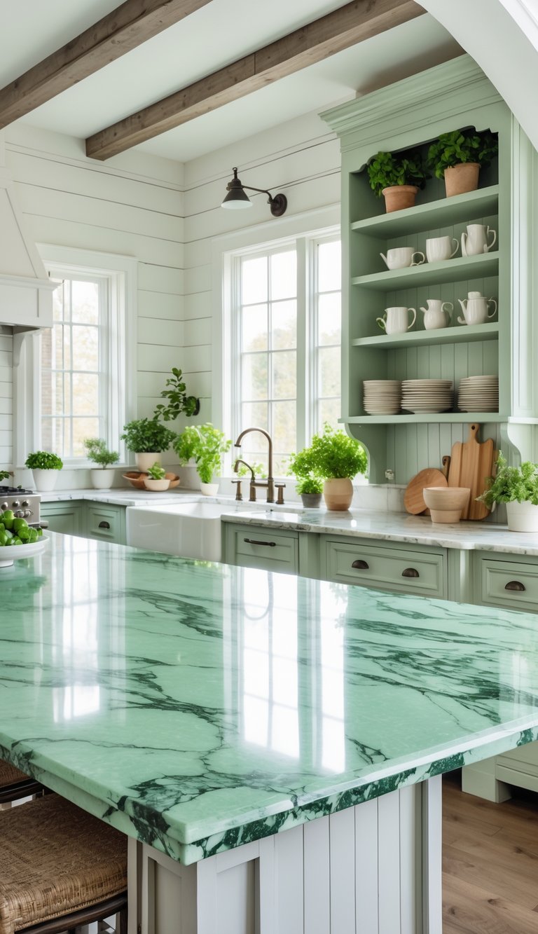 A bright farmhouse kitchen with marble countertops featuring green veining, wooden cabinets, plants, and natural light.