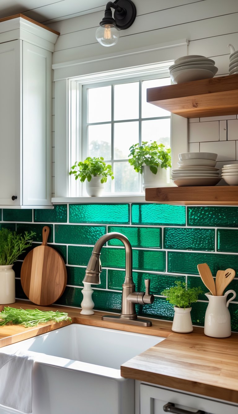 A farmhouse kitchen with a green glass tile backsplash, white cabinets, wooden countertops, and plants on open shelves.