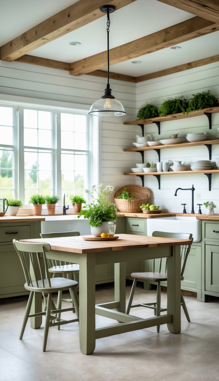 A farmhouse kitchen with a muted olive green wooden table surrounded by matching chairs, natural light coming through windows, and rustic kitchen decor.