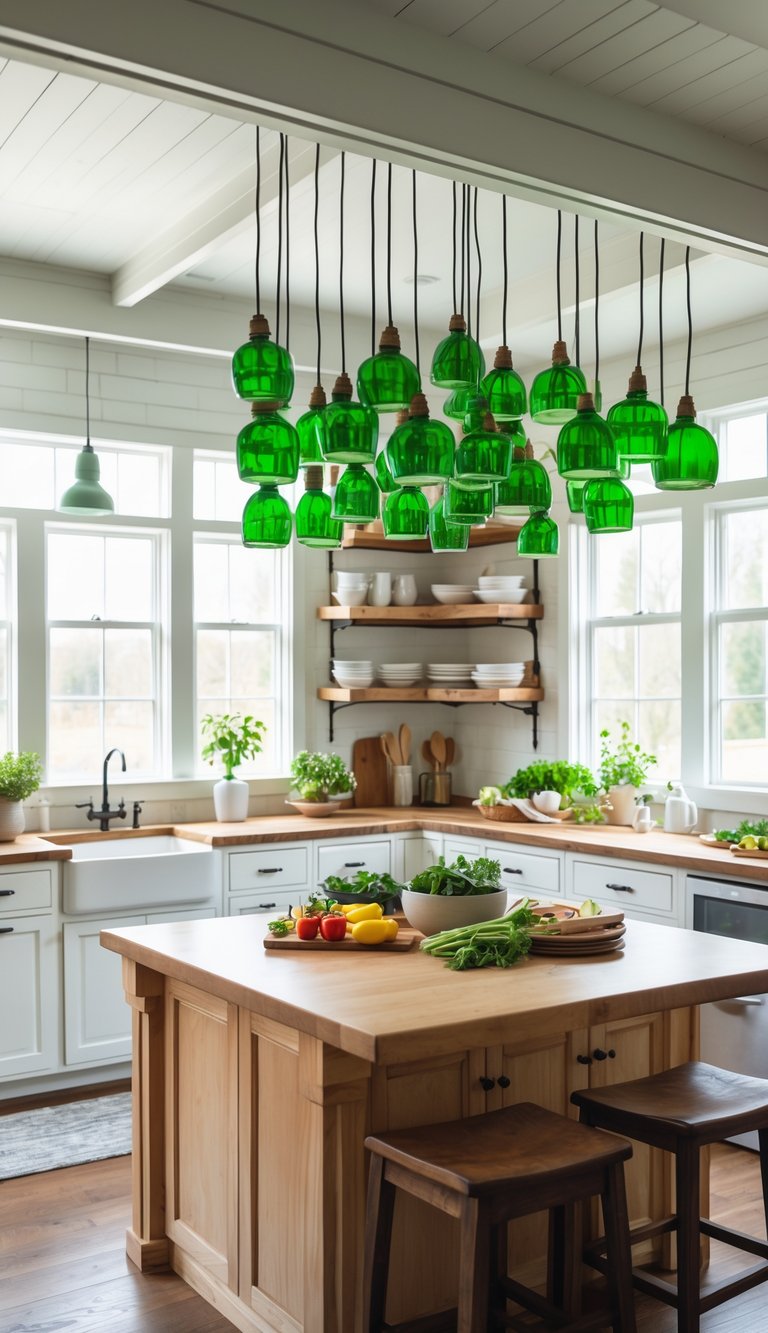 A farmhouse kitchen with green pendant lights hanging above a wooden island and white cabinets in the background.