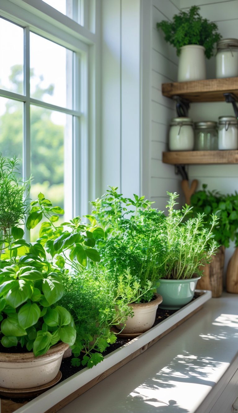A kitchen window sill with several green planters filled with fresh herbs in a bright setting.