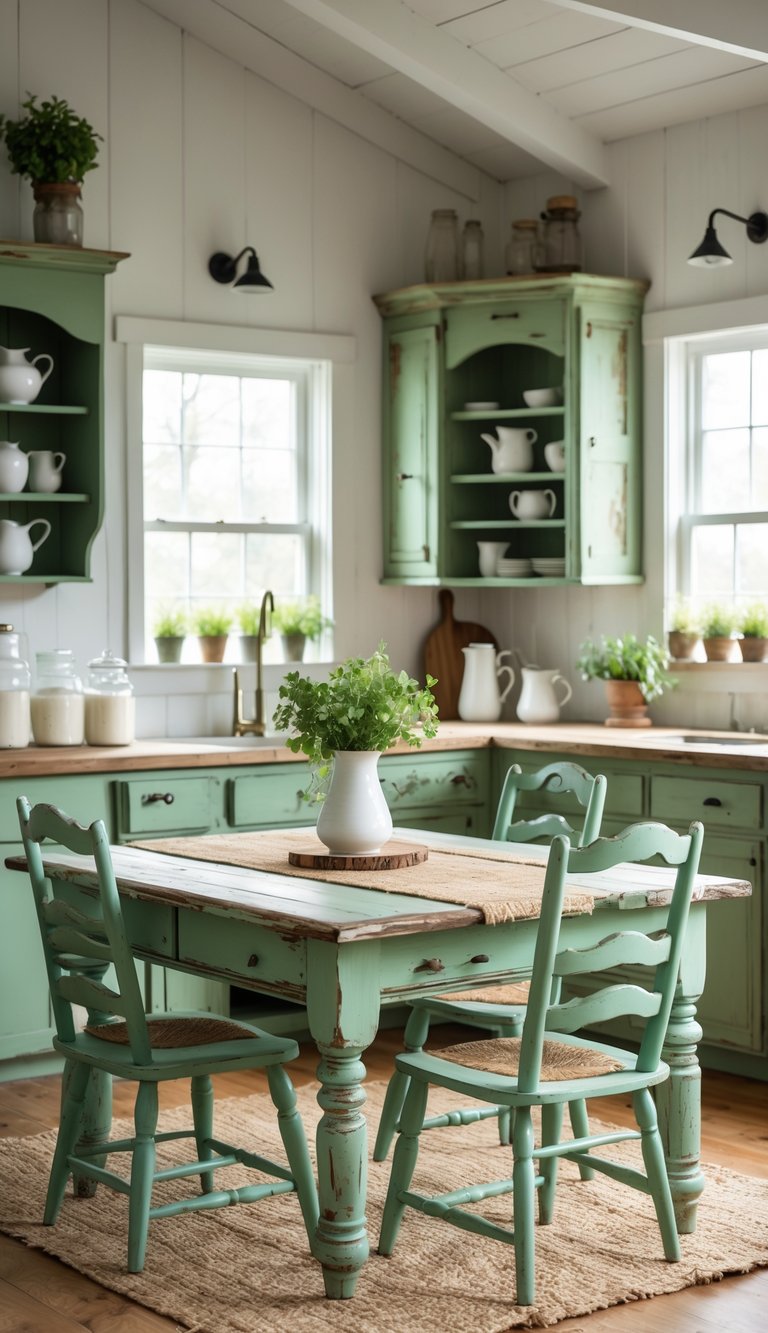 A cozy farmhouse kitchen with vintage green distressed furniture, wooden table, chairs, open shelves, and natural light coming through a window.