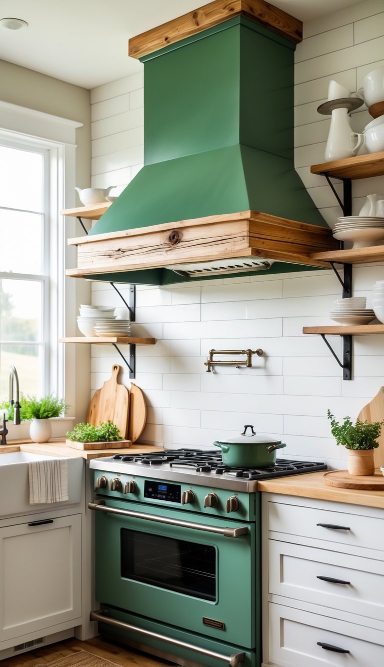 A green range hood with wood trim above a stove in a bright kitchen with white cabinets and open shelves.