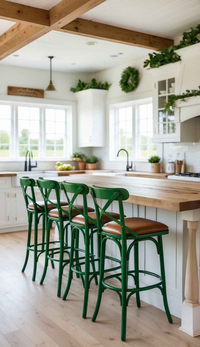 A kitchen with green bar stools with leather seats lined up at a wooden island surrounded by white cabinets and natural light.