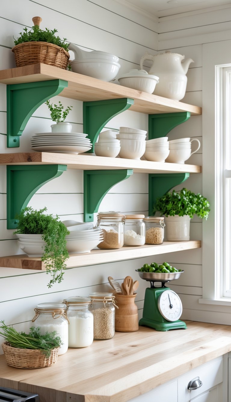 Open kitchen shelves with green painted brackets holding dishes, jars, and plants in a bright kitchen.