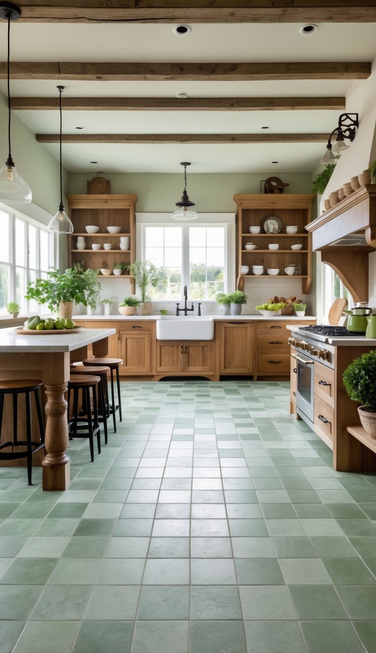 A farmhouse kitchen with green tile flooring, wooden cabinets, a large island, and natural light coming through windows.