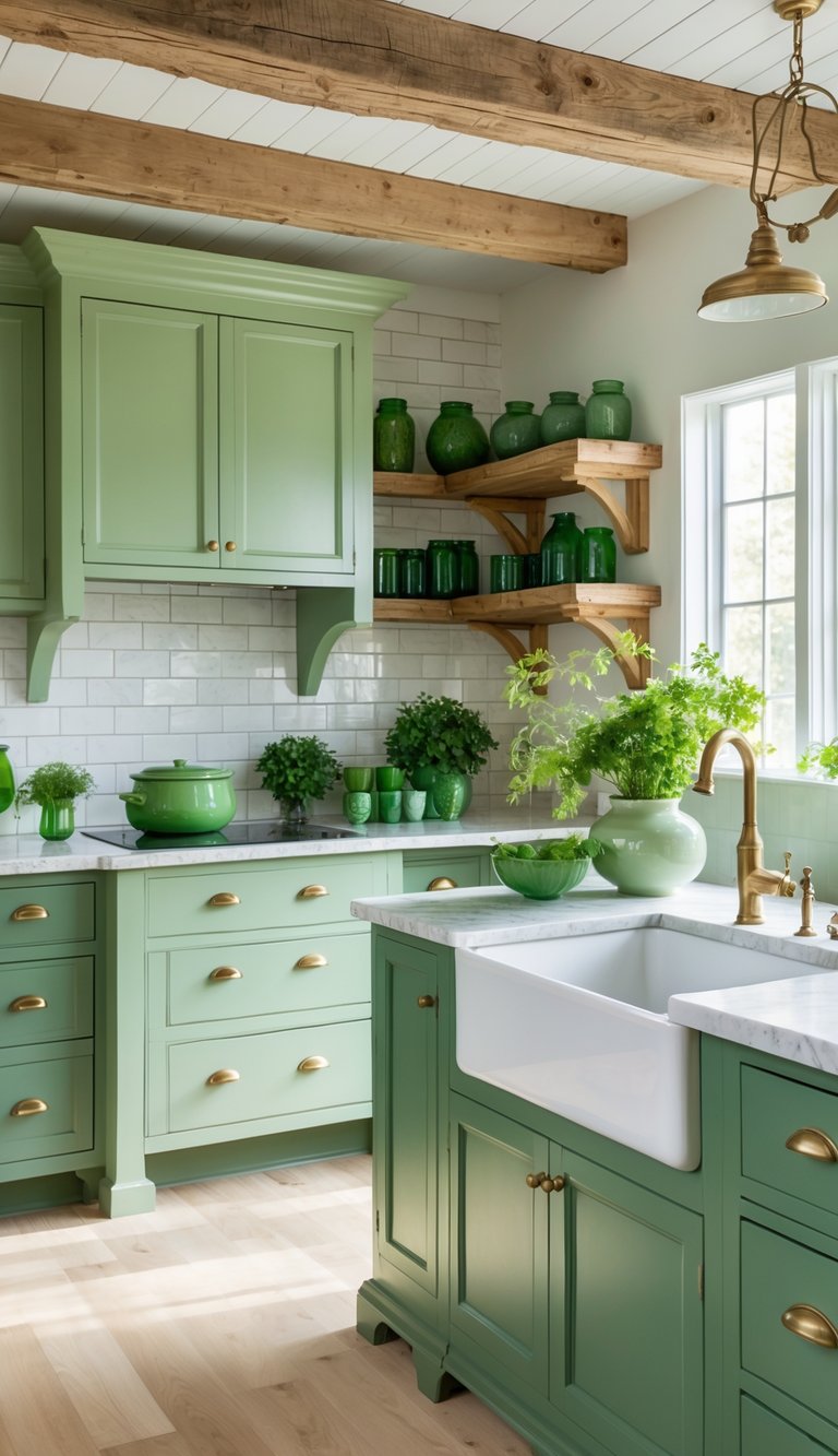 A farmhouse kitchen with green cabinets, white countertops, wooden beams, and plants on shelves.